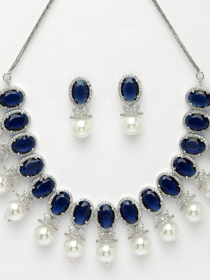 Women's Silver-Plated Blue American Diamond Studded Handcrafted Jewellery Set