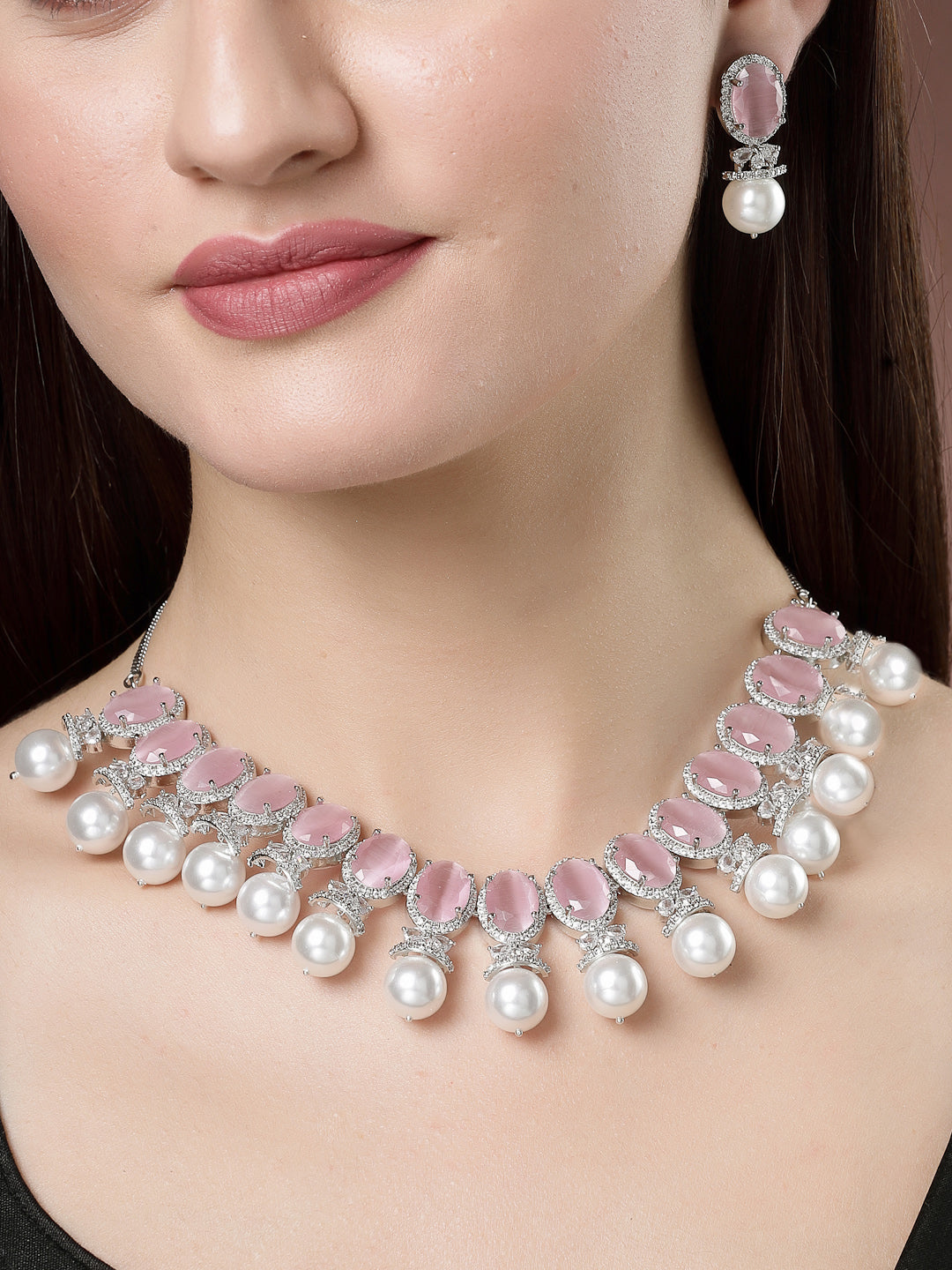 Women's Silver-Plated Pink American Diamond Studded Handcrafted Jewellery Set