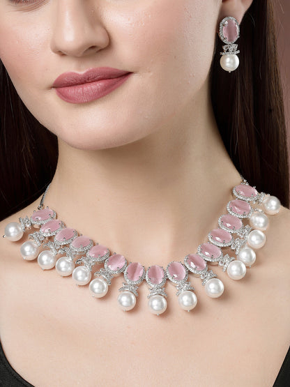 Women's Silver-Plated Pink American Diamond Studded Handcrafted Jewellery Set