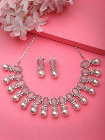 Women's Silver-Plated Pink American Diamond Studded Handcrafted Jewellery Set
