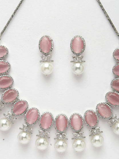 Women's Silver-Plated Pink American Diamond Studded Handcrafted Jewellery Set