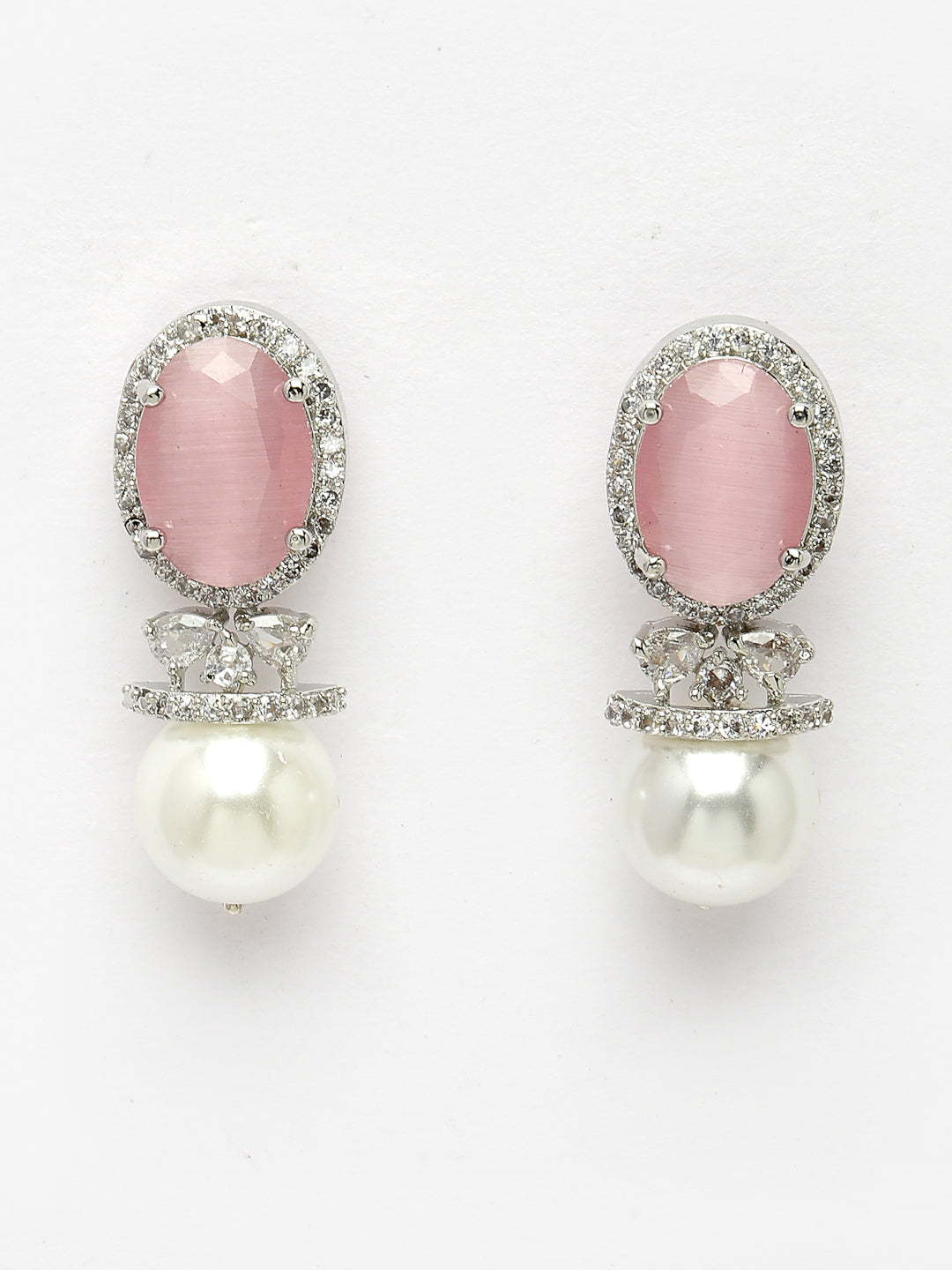 Women's Silver-Plated Pink American Diamond Studded Handcrafted Jewellery Set
