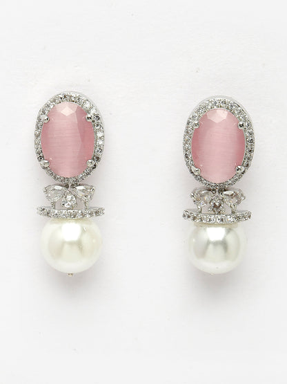 Women's Silver-Plated Pink American Diamond Studded Handcrafted Jewellery Set