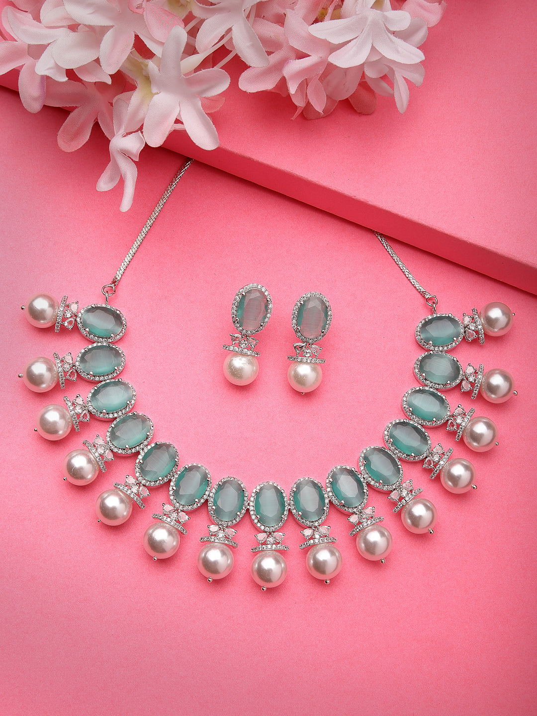 Women's Silver-Plated Green American Diamond Studded Handcrafted Jewellery Set
