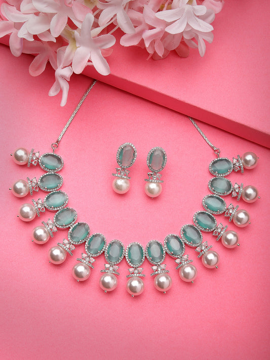 Women's Silver-Plated Green American Diamond Studded Handcrafted Jewellery Set
