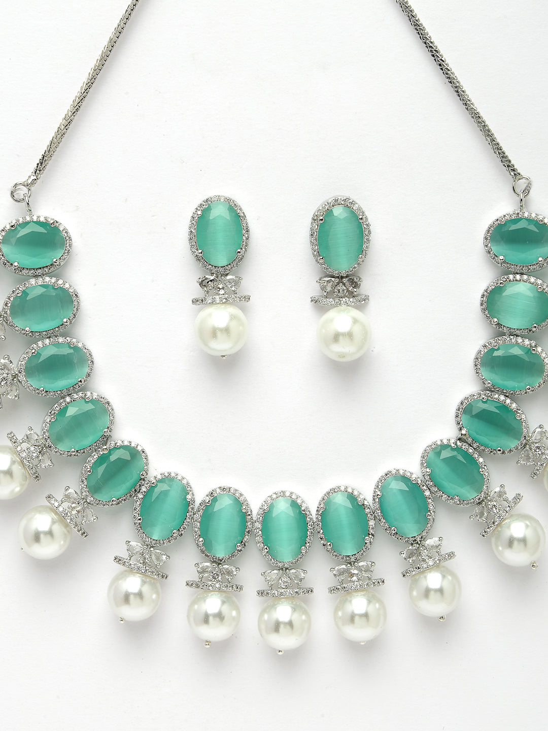 Women's Silver-Plated Green American Diamond Studded Handcrafted Jewellery Set