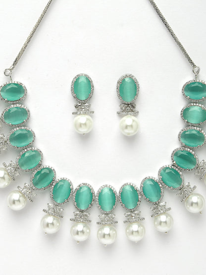 Women's Silver-Plated Green American Diamond Studded Handcrafted Jewellery Set