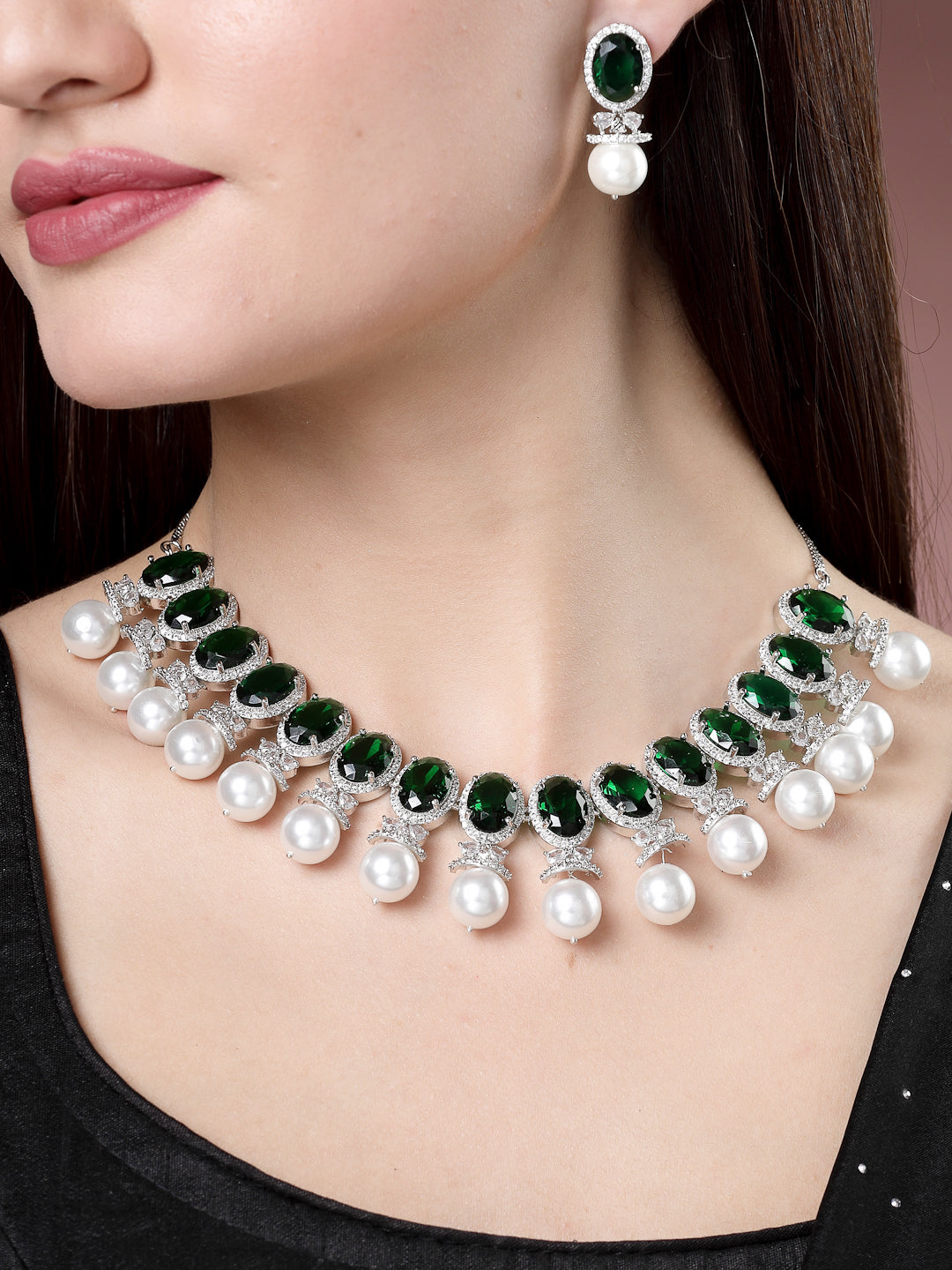 Women's Silver-Plated Green American Diamond Studded Handcrafted Jewellery Set