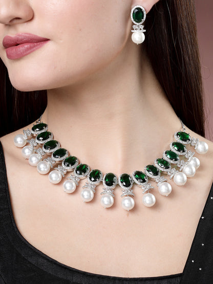 Women's Silver-Plated Green American Diamond Studded Handcrafted Jewellery Set