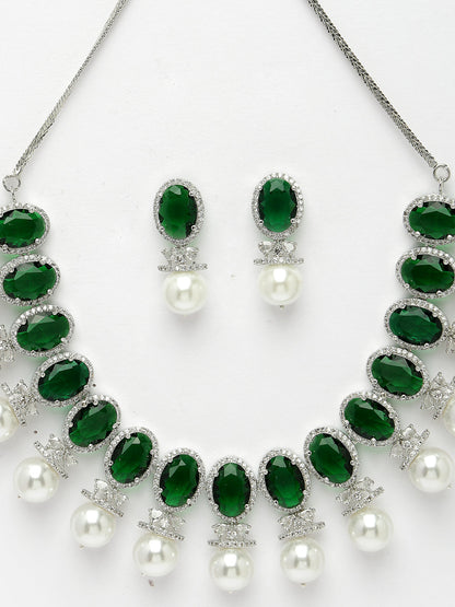 Women's Silver-Plated Green American Diamond Studded Handcrafted Jewellery Set