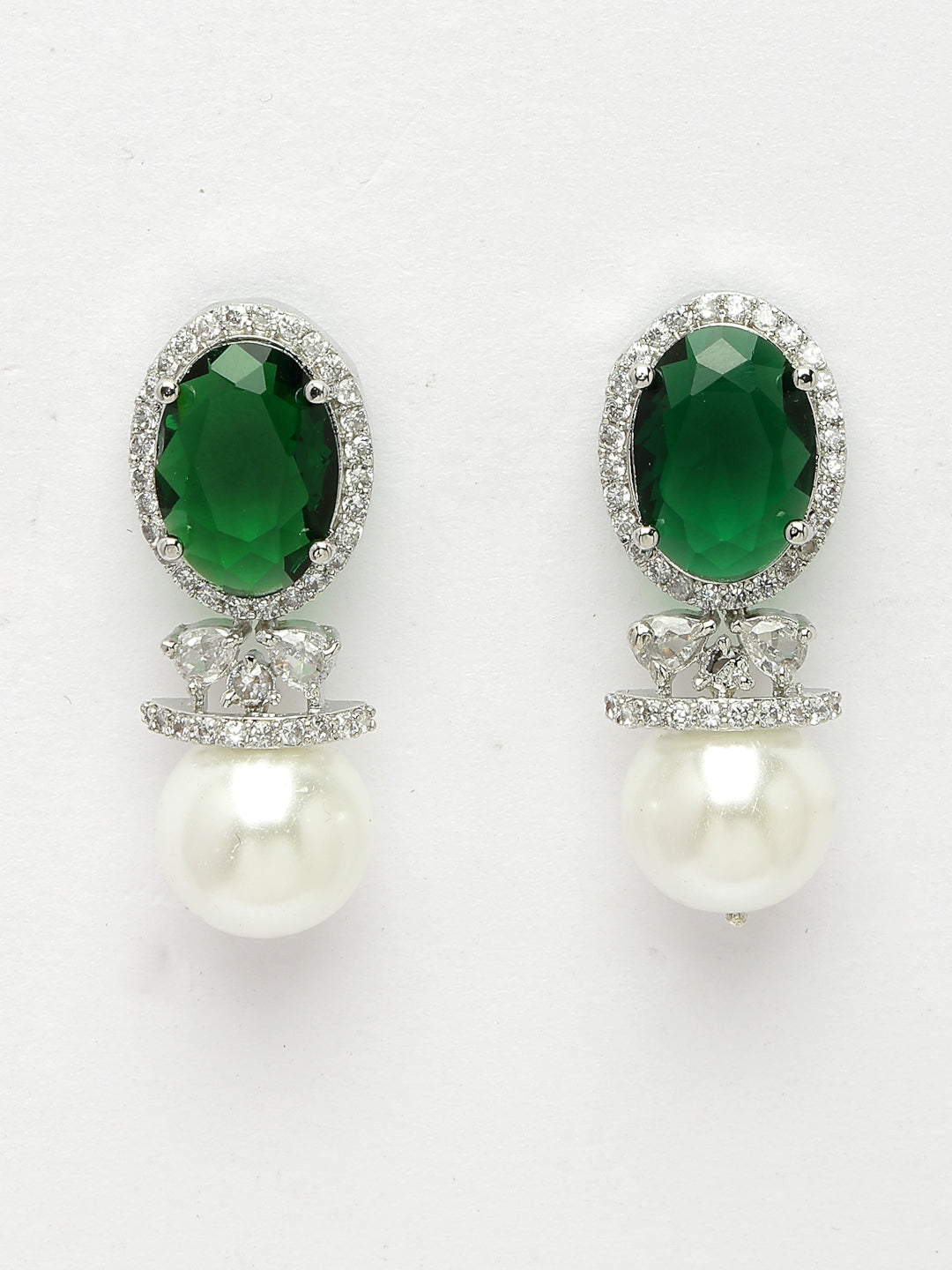 Women's Silver-Plated Green American Diamond Studded Handcrafted Jewellery Set