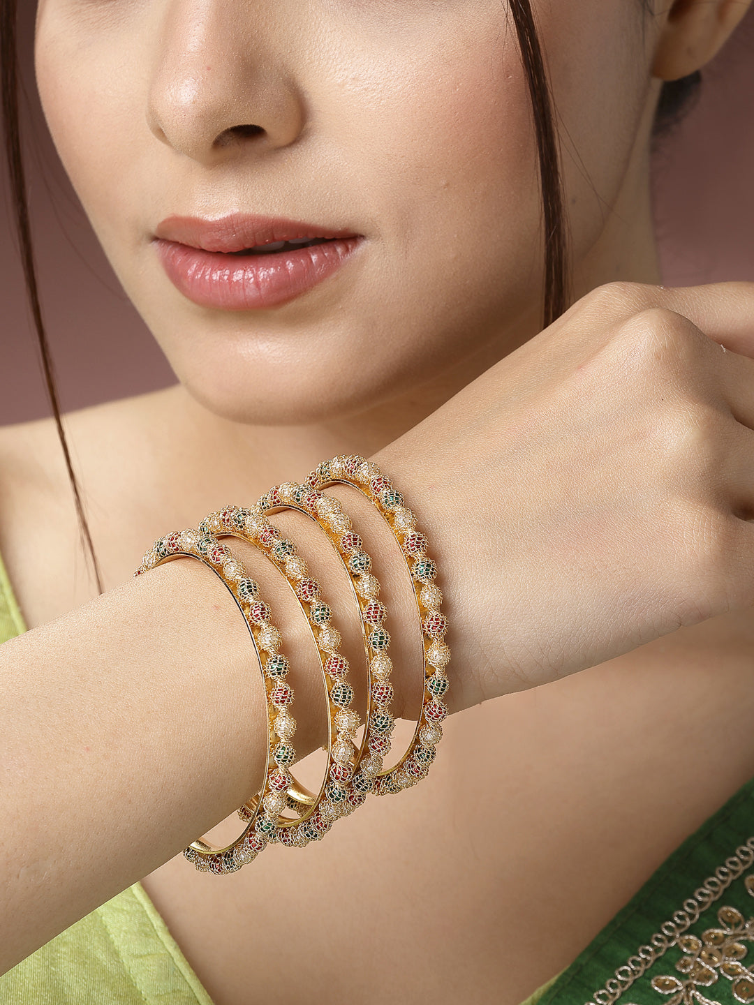 Women's Set Of 4 Gold-Plated Beads Handcrafted Traditional Bangles