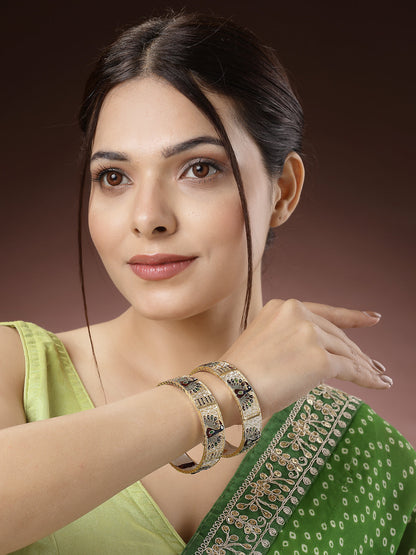 Women's Set Of 2 Gold-Plated Peacock Design Meenakari Handcrafted Bangles