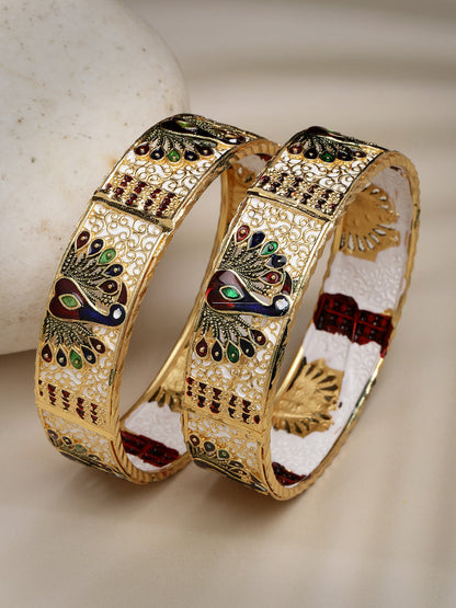 Women's Set Of 2 Gold-Plated Peacock Design Meenakari Handcrafted Bangles