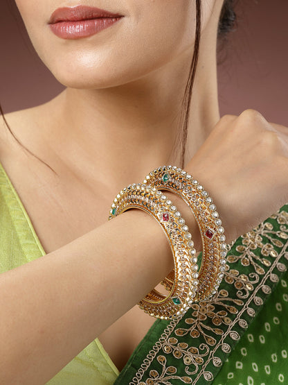 Women's Set Of 2 Gold-Plated Kundan Traditional Bangles
