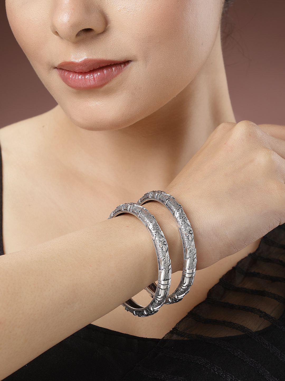 Women's Silver-Toned German Silver Floral Oxidised Kada Bangle