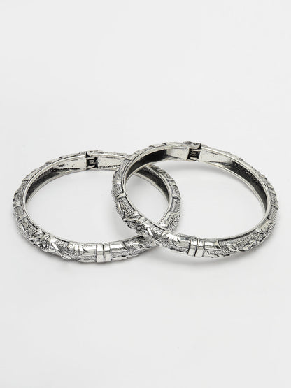 Women's Silver-Toned German Silver Floral Oxidised Kada Bangle