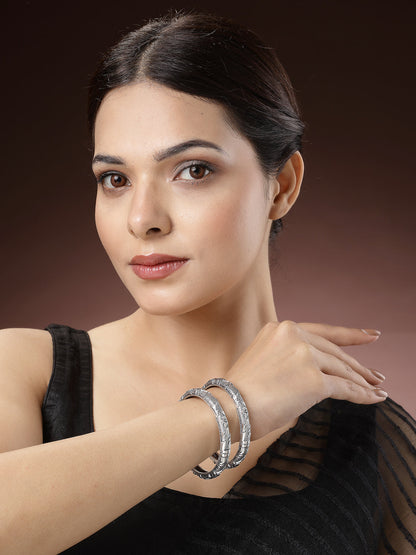 Women's Set Of 2 Silver-Toned German Silver Floral Oxidised Kada Bangle