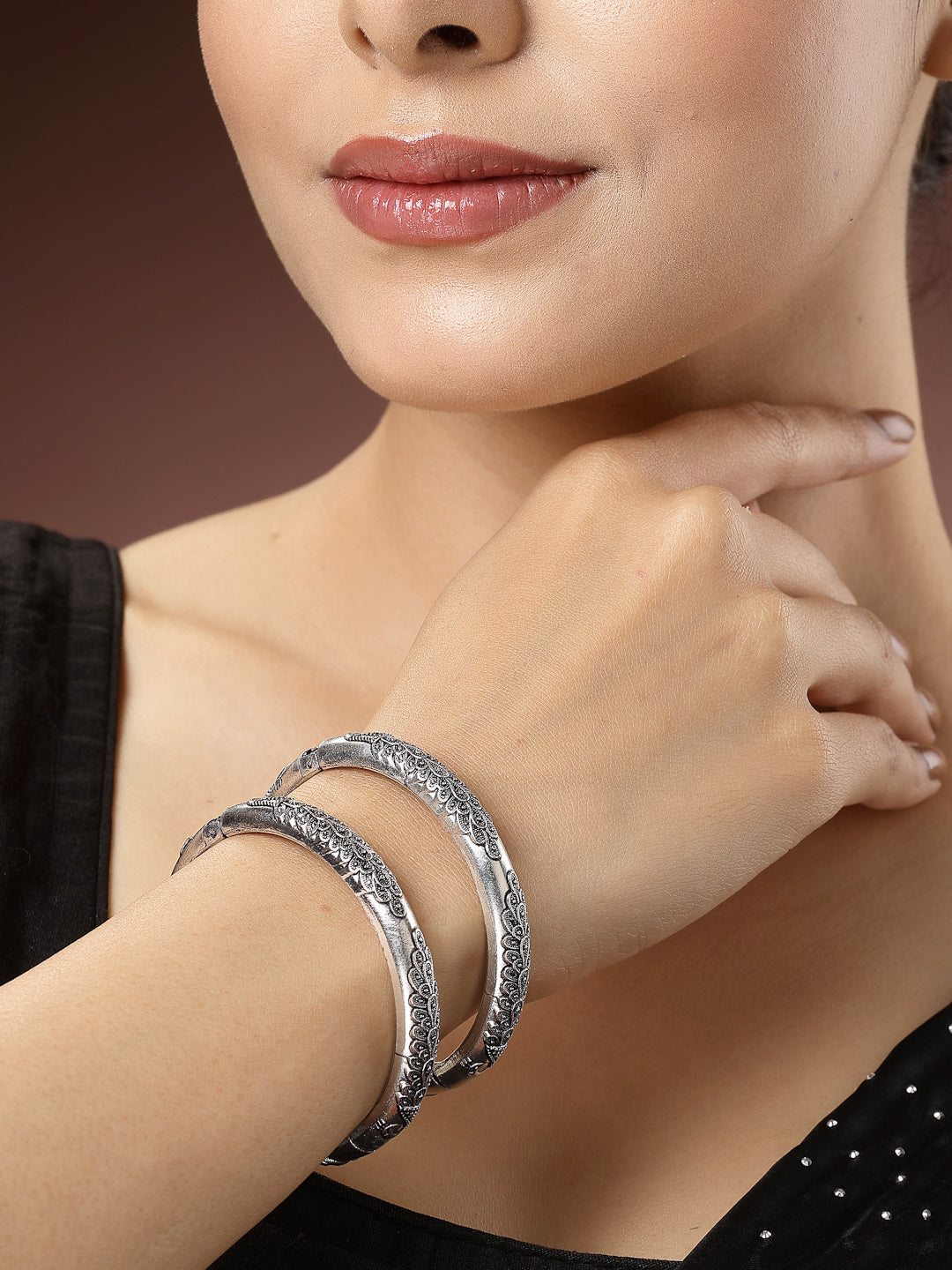 Women's Silver-Toned German Silver Peacock Design Oxidised Kada Bangle