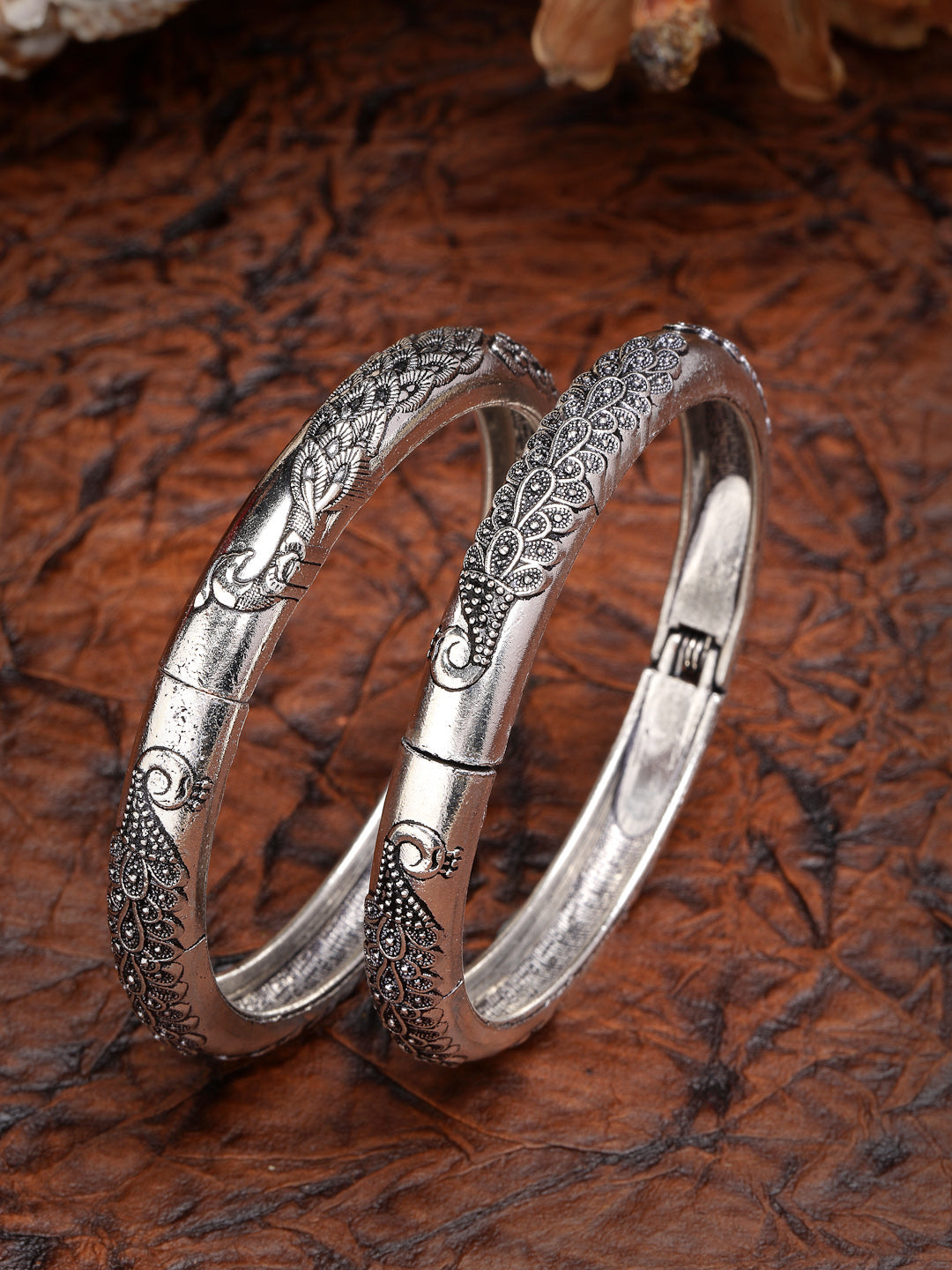 Women's Silver-Toned German Silver Peacock Design Oxidised Kada Bangle