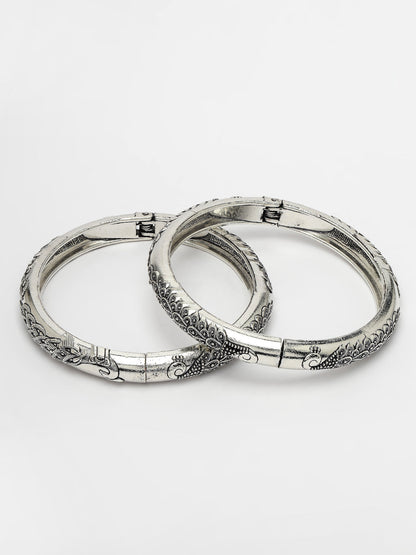 Women's Silver-Toned German Silver Peacock Design Oxidised Kada Bangle