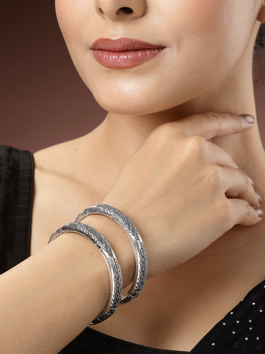 Women's Set Of 2 Silver-Toned German Silver Peacock Design Oxidised Kada Bangle