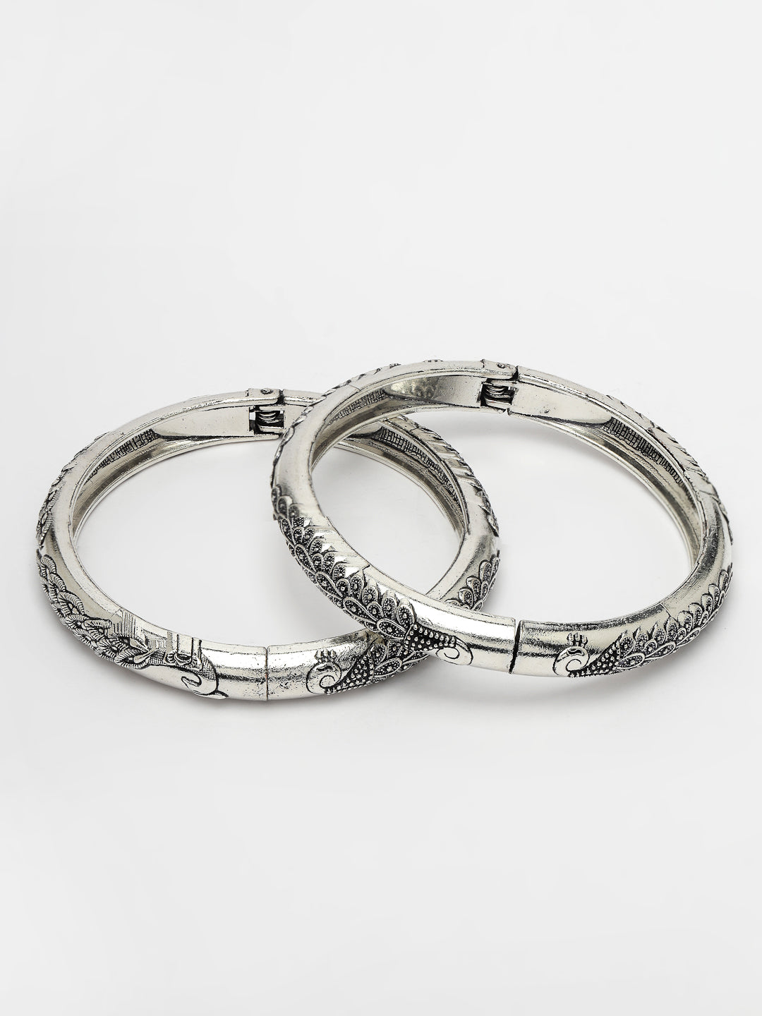 Women's Set Of 2 Silver-Toned German Silver Peacock Design Oxidised Kada Bangle