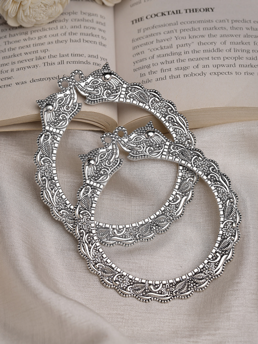 Women's Set Of 2  Silver-Toned German Silve Oxidised Elephant Design Handcrafted Bangles