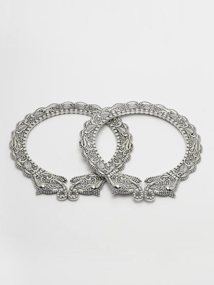 Women's Set Of 2  Silver-Toned German Silve Oxidised Elephant Design Handcrafted Bangles