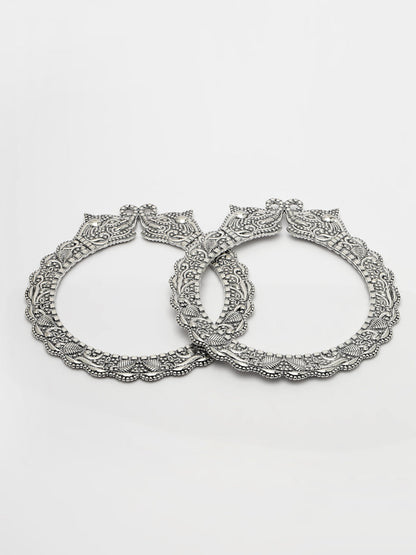 Women's Set Of 2  Silver-Toned German Silve Oxidised Elephant Design Handcrafted Bangles