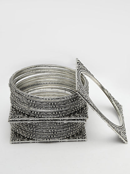 Women's Set Of 8 Silver-Toned German Silver Oxidised Bangles