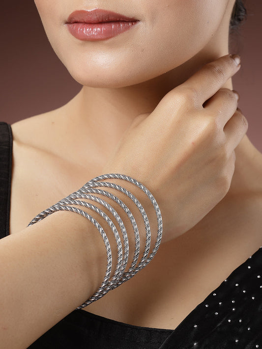 Women's Set Of 6 Silver-Toned German Silver Oxidised Bangles