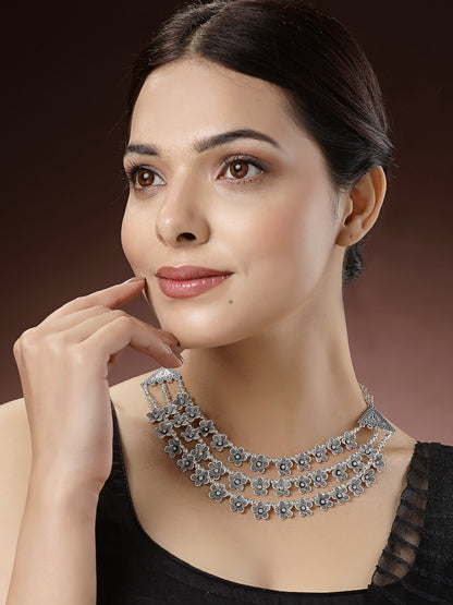 Women's 3 Layered Floral Shape Artificial Beads German Silver Oxidised Necklace