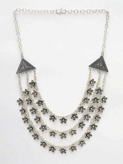 Women's 3 Layered Floral Shape Artificial Beads German Silver Oxidised Necklace