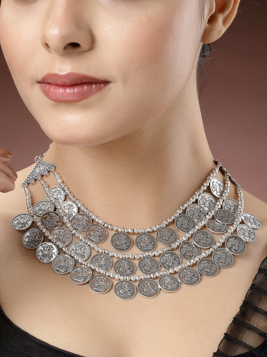 Women's 3 Layered Artificial Beads German Silver Oxidised Necklace
