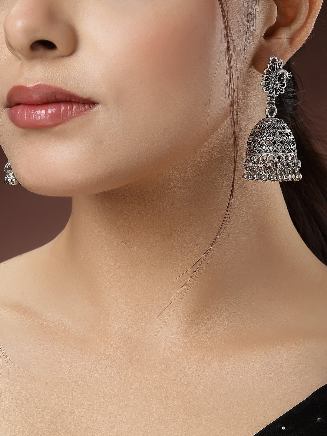 Women's Silver-Toned Peacock Design German Silver Oxidised Dome Shaped Jhumka Earrings