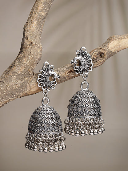 Women's Silver-Toned Peacock Design German Silver Oxidised Dome Shaped Jhumka Earrings