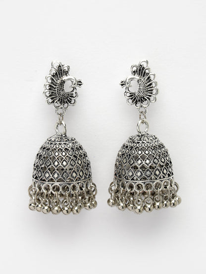 Women's Silver-Toned Peacock Design German Silver Oxidised Dome Shaped Jhumka Earrings
