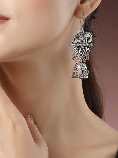 Women's Silver-Toned Elephant Design German Silver Oxidised Dome Shaped Jhumka Earrings