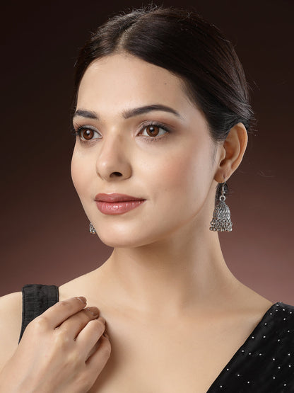 Women's Silver-Toned German Silver Oxidised Dome Shaped Jhumka Earrings