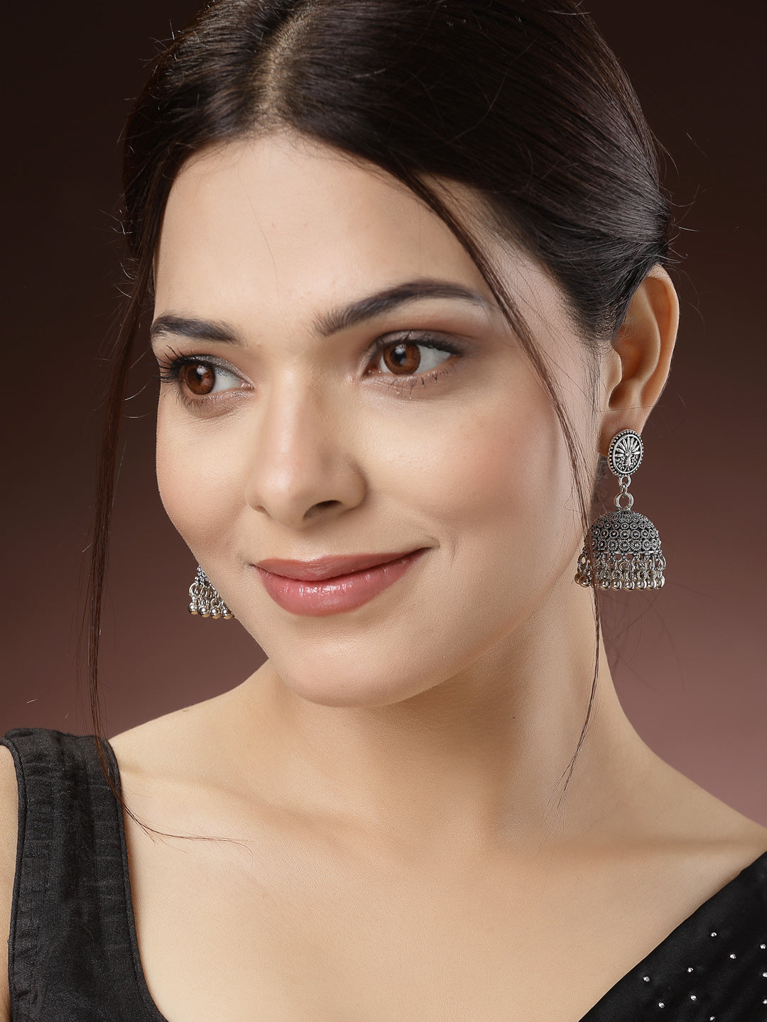 Women's Silver-Toned German Silver Oxidised Dome Shaped Jhumka Earrings