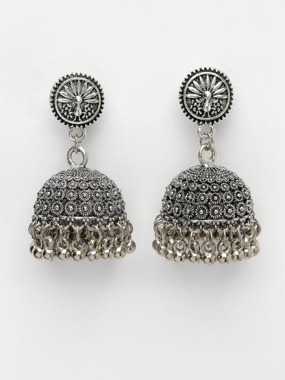 Women's Silver-Toned German Silver Oxidised Dome Shaped Jhumka Earrings