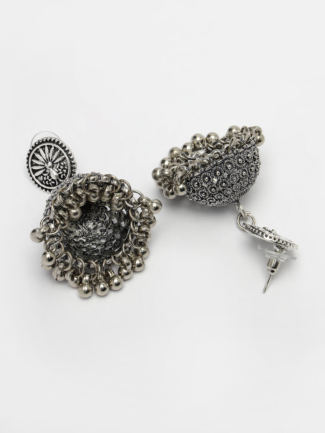 Women's Silver-Toned German Silver Oxidised Dome Shaped Jhumka Earrings