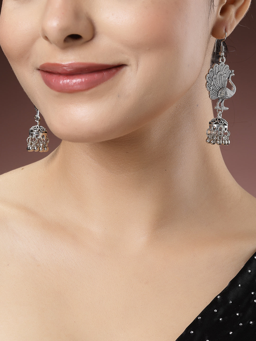 Women's Silver-Toned Peacock Desing German Silver Oxidised Dome Shaped Jhumka Earrings