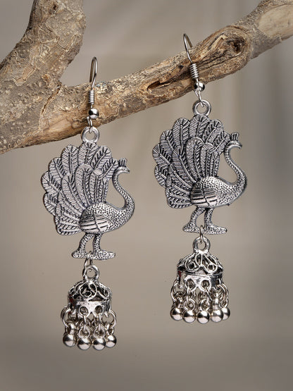 Women's Silver-Toned Peacock Desing German Silver Oxidised Dome Shaped Jhumka Earrings