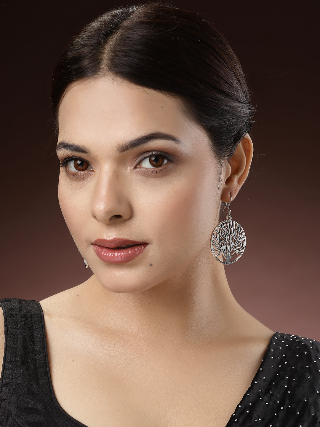 Women's Silver-Toned Circular Shape German Silver Oxidised Drop Earrings