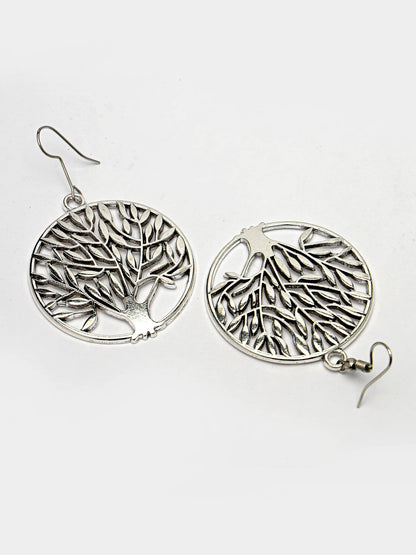 Women's Silver-Toned Circular Shape German Silver Oxidised Drop Earrings