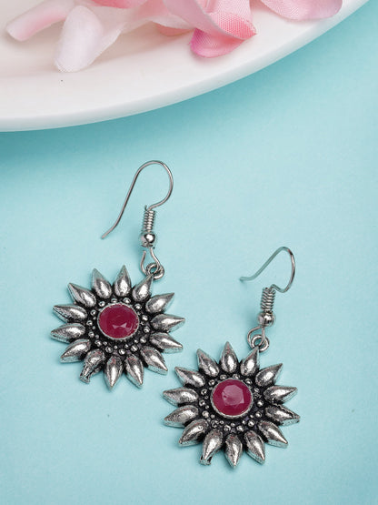 Women's Silver-Toned Artificial Stones German Silver Oxidised Drop Earrings