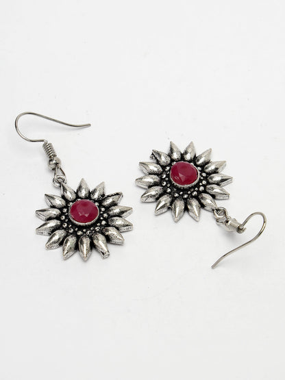 Women's Silver-Toned Artificial Stones German Silver Oxidised Drop Earrings