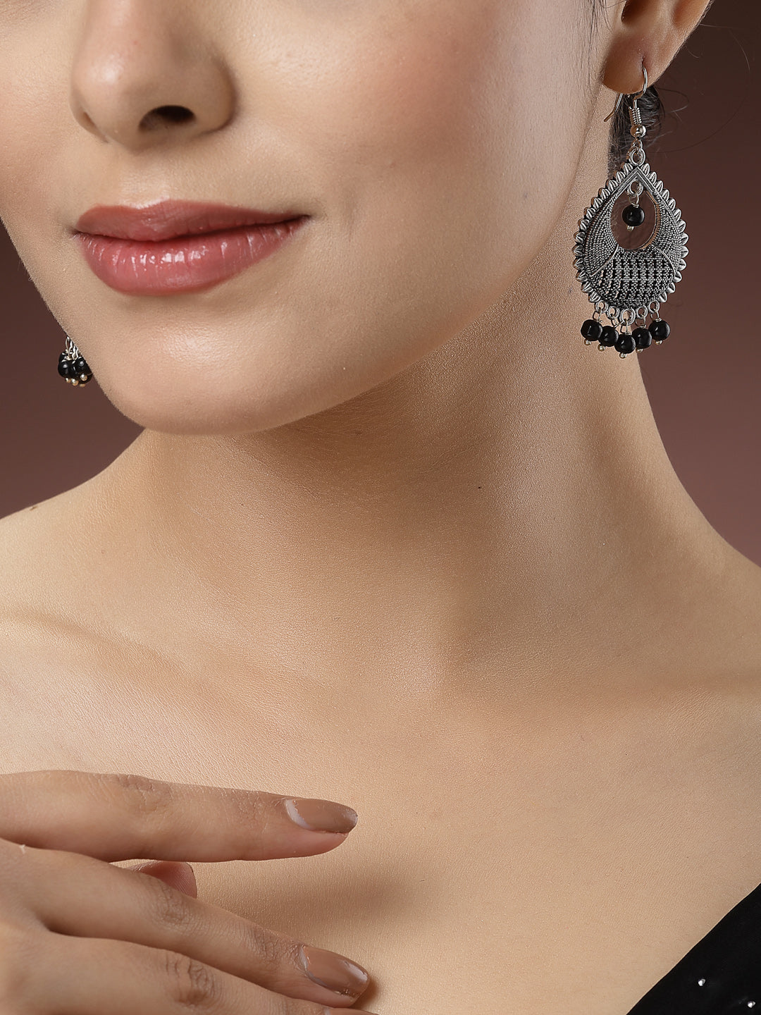 Women's Set Of 3 Silver-Toned German Silver Oxidised Dome Shaped Jhumka Earrings